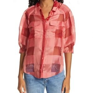 REBECCA‎ TAYLOR Organza Check Three-Quarter-Sleeve Blouse
